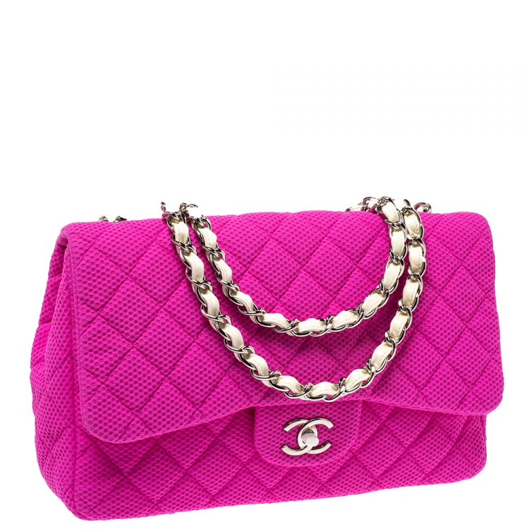 Pre Owned Chanel Pink/White Quilted Perforated Jersey Jumbo Classic Single Flap Bag         