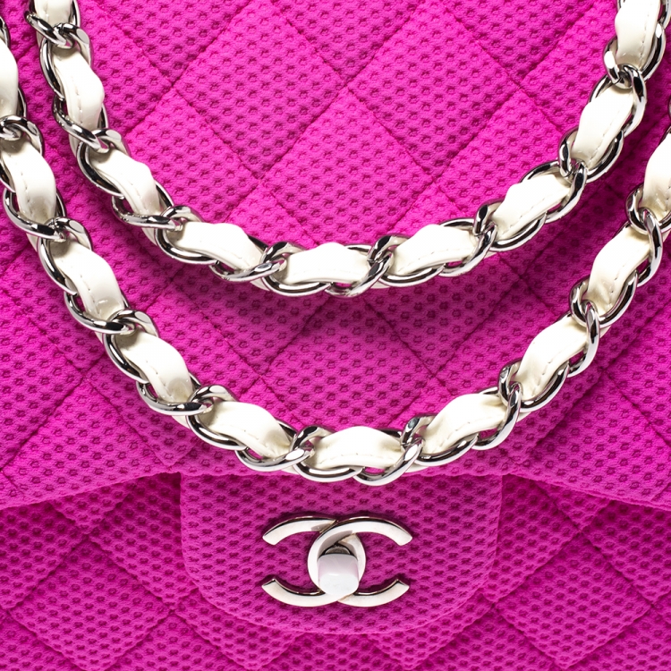 Pre Owned Chanel Pink/White Quilted Perforated Jersey Jumbo Classic Single Flap Bag         