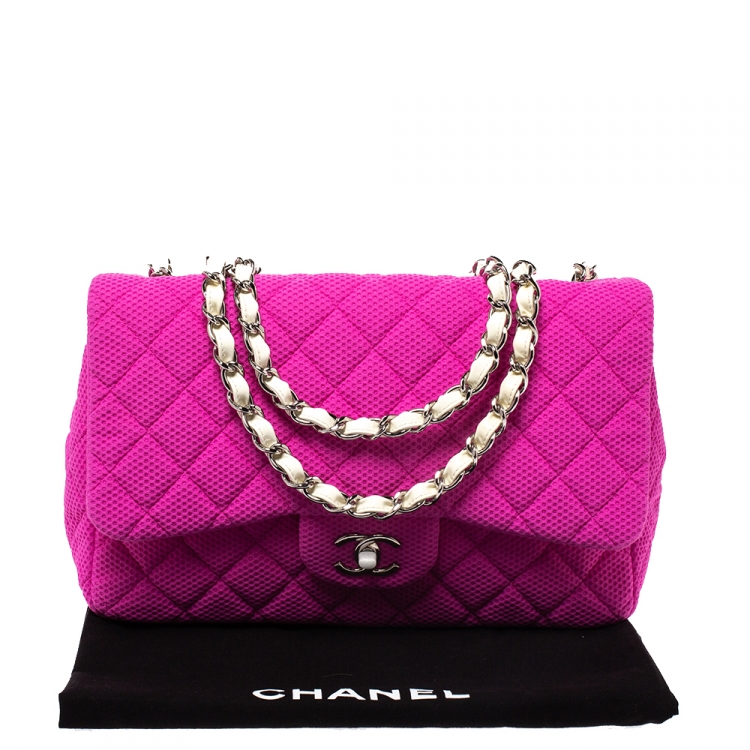 Pre Owned Chanel Pink/White Quilted Perforated Jersey Jumbo Classic Single Flap Bag         