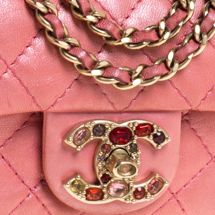 Pre Owned Chanel Pink Quilted Leather Jeweled CC Mini Single Flap Bag