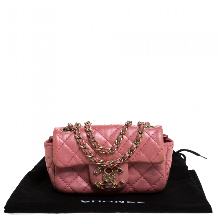 Pre Owned Chanel Pink Quilted Leather Jeweled CC Mini Single Flap Bag