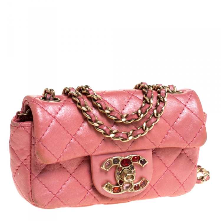 Pre Owned Chanel Pink Quilted Leather Jeweled CC Mini Single Flap Bag