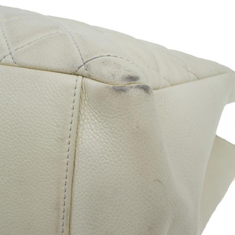 Pre Owned Chanel Off White Quilted Caviar Grand Shopping Tote