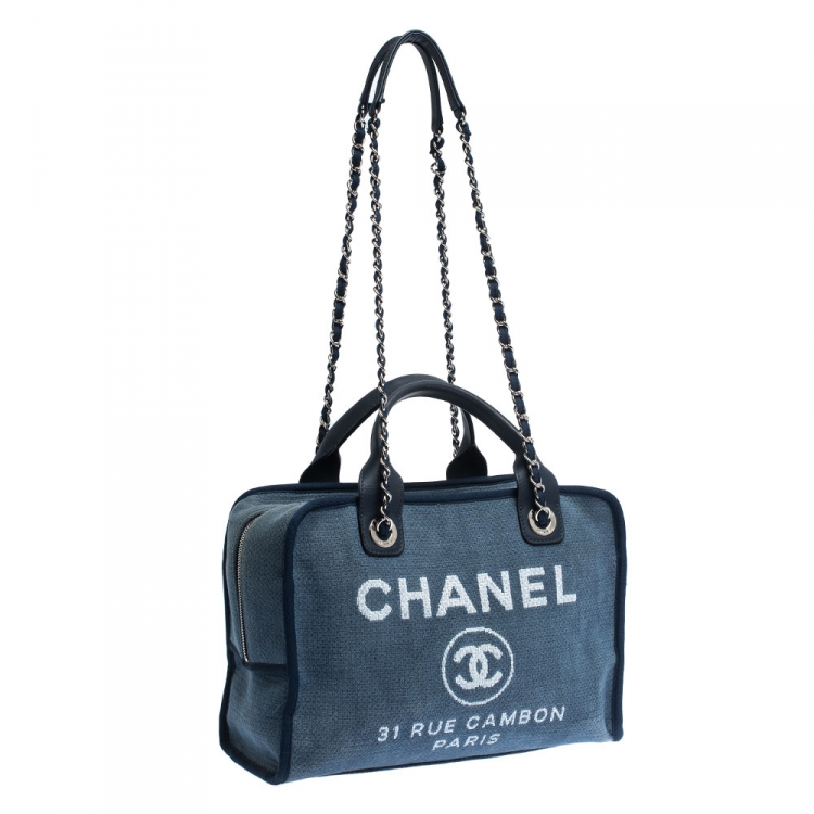 Pre Owned Chanel Blue Denim and Leather Deauville Bowler Bag