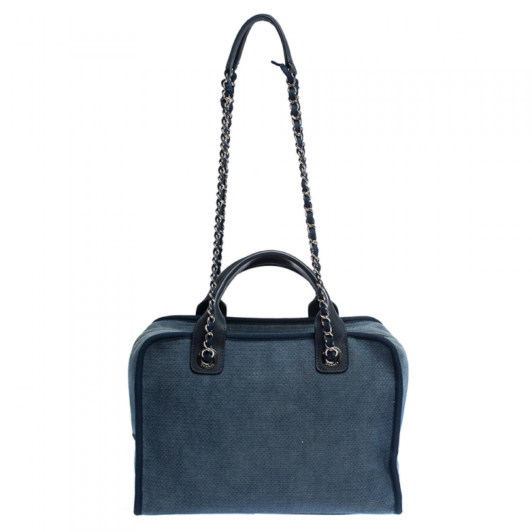 Pre Owned Chanel Blue Denim and Leather Deauville Bowler Bag