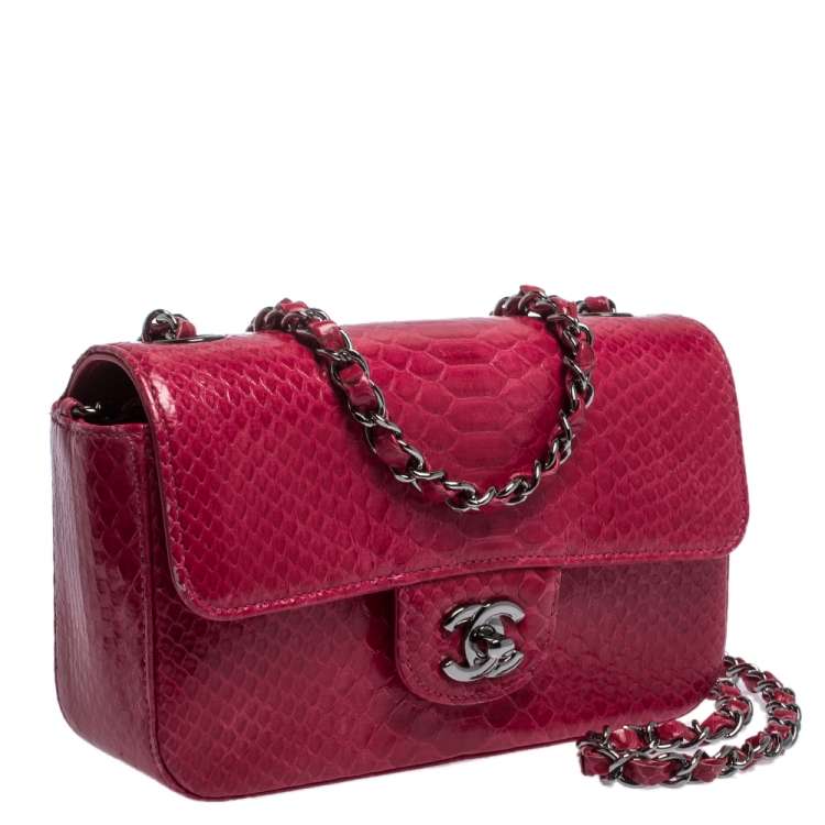 Pre Owned Chanel Fuchsia Python Small Classic Single Flap Bag