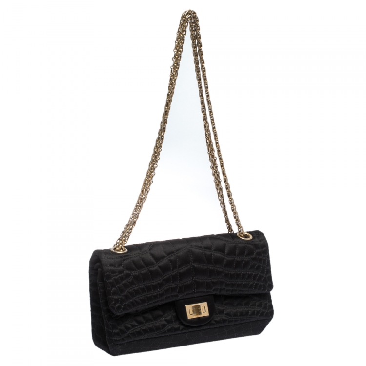 Pre Owned Chanel Black Croc Satin Reissue 225 Flap Bag