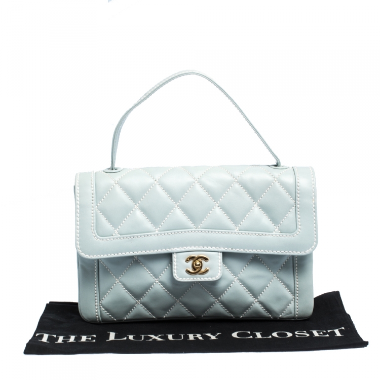 Pre Owned Chanel Powder Blue Wild Stitch Leather Flap Top Handle Bag