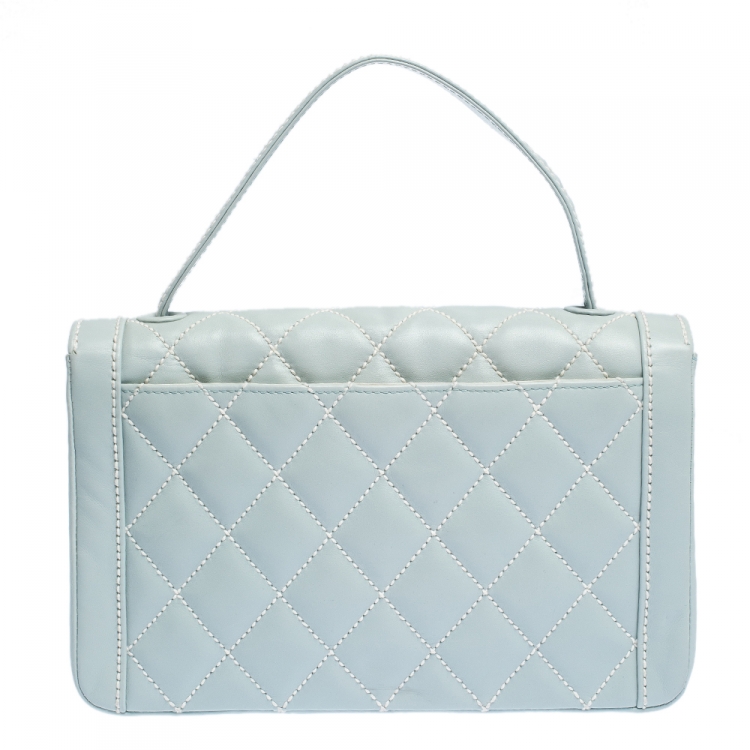 Pre Owned Chanel Powder Blue Wild Stitch Leather Flap Top Handle Bag