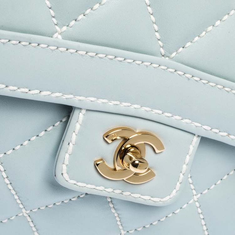 Pre Owned Chanel Powder Blue Wild Stitch Leather Flap Top Handle Bag