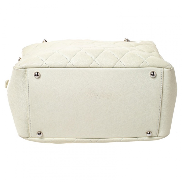 Pre Owned Chanel Cream Quilted Caviar Leather Petite Timeless Shopper Tote
