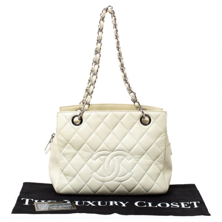 Pre Owned Chanel Cream Quilted Caviar Leather Petite Timeless Shopper Tote