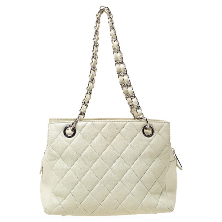 Pre Owned Chanel Cream Quilted Caviar Leather Petite Timeless Shopper Tote