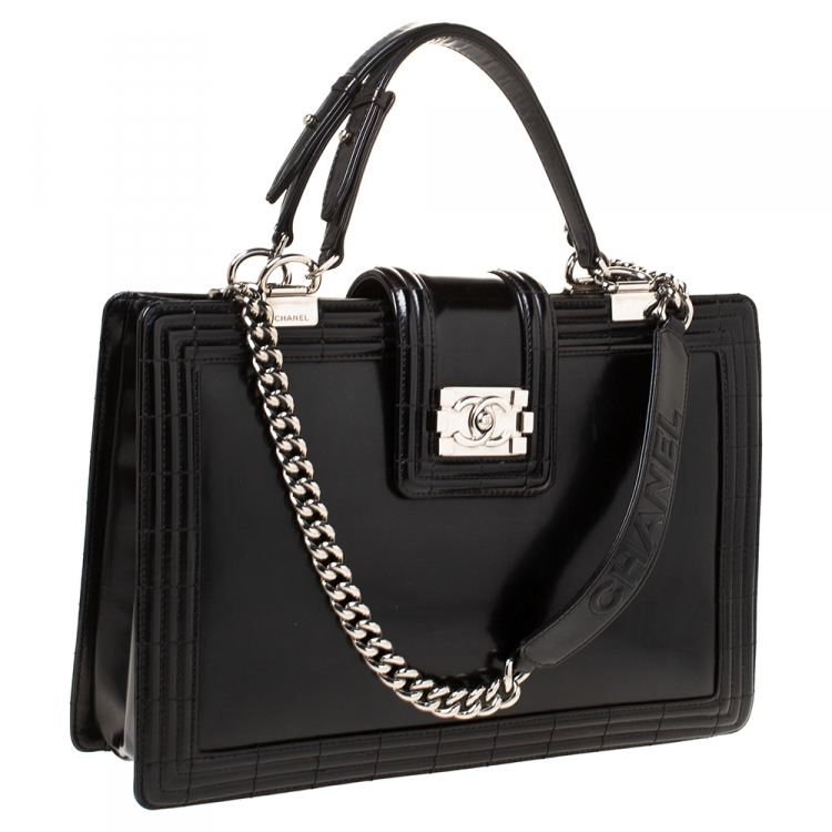 Pre Owned Chanel Black Patent Leather Large Boy Shopper Tote