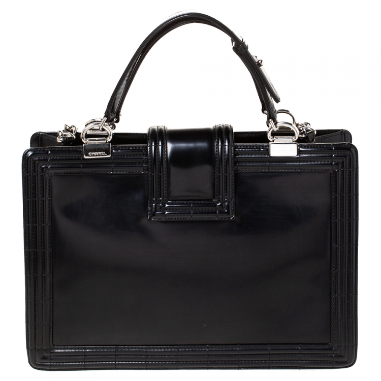 Pre Owned Chanel Black Patent Leather Large Boy Shopper Tote