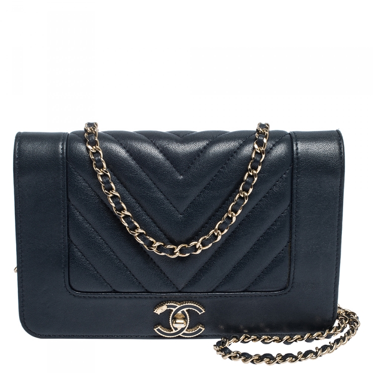 Chanel Navy Blue Chevron Leather Mademoiselle Wallet On Chain Chanel | The  Luxury Closet