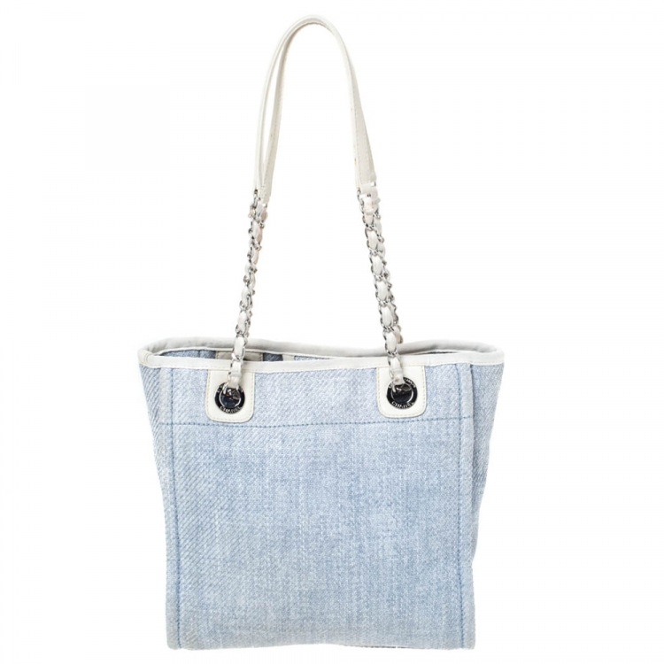 Pre Owned Chanel Light Blue/White Canvas Deauville Tote