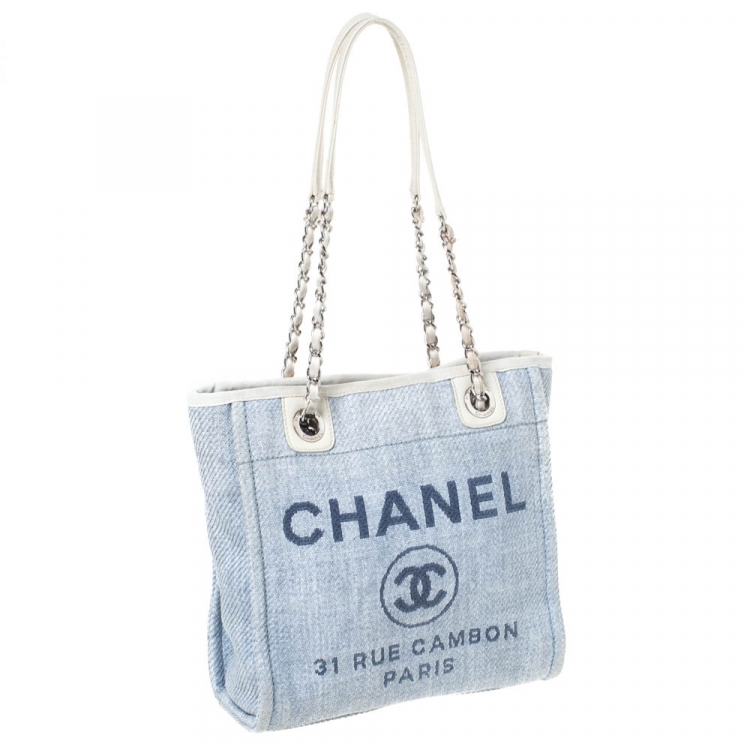 Pre Owned Chanel Light Blue/White Canvas Deauville Tote