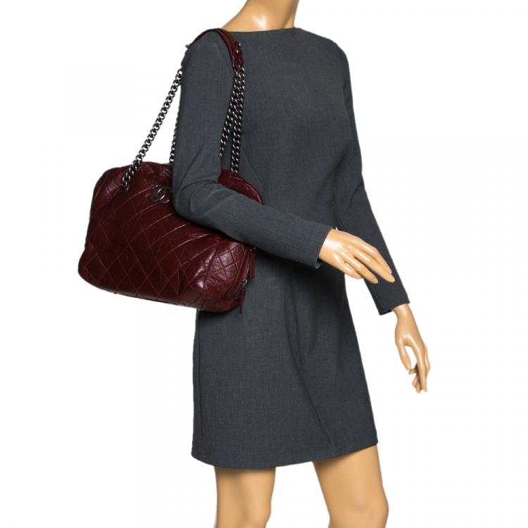 Pre Owned Chanel Burgundy Crinkled Quilted Leather Chain Bowler Bag