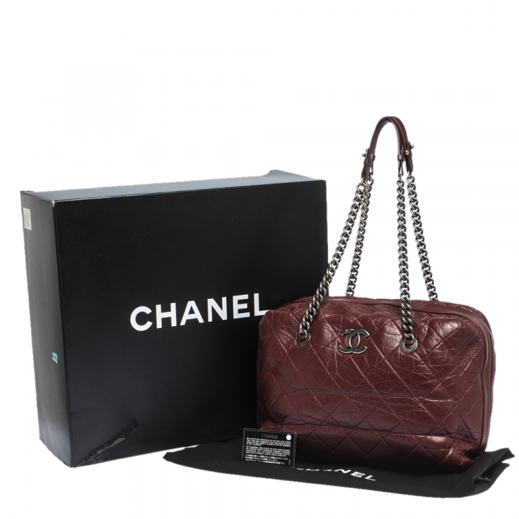 Pre Owned Chanel Burgundy Crinkled Quilted Leather Chain Bowler Bag
