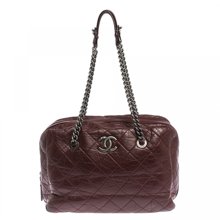 Pre Owned Chanel Burgundy Crinkled Quilted Leather Chain Bowler Bag