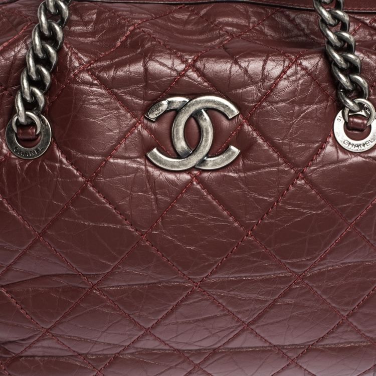 Pre Owned Chanel Burgundy Crinkled Quilted Leather Chain Bowler Bag