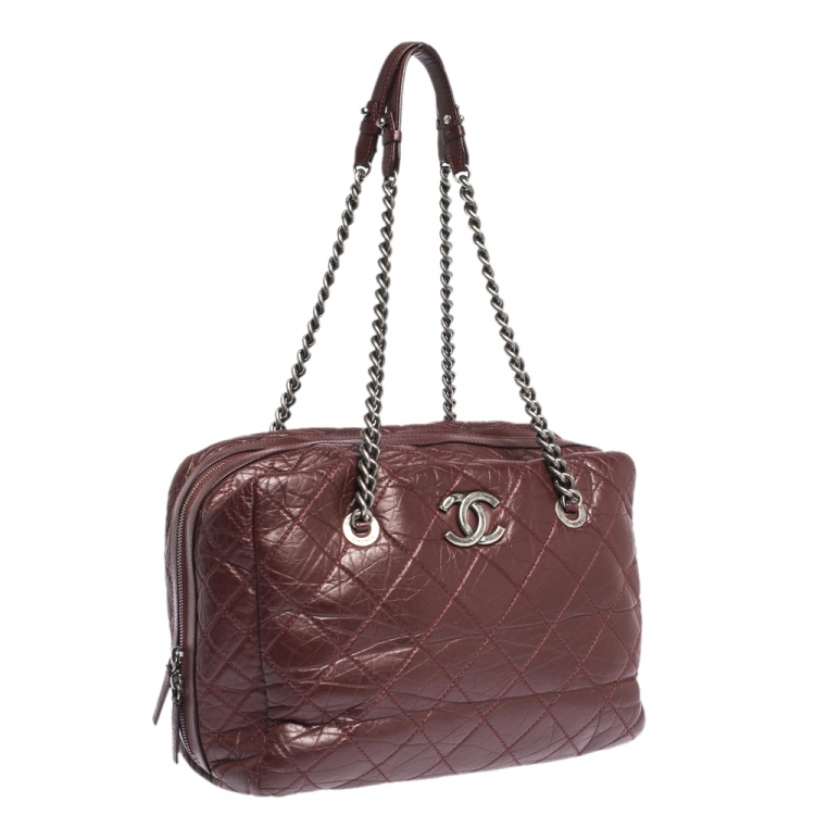 Pre Owned Chanel Burgundy Crinkled Quilted Leather Chain Bowler Bag