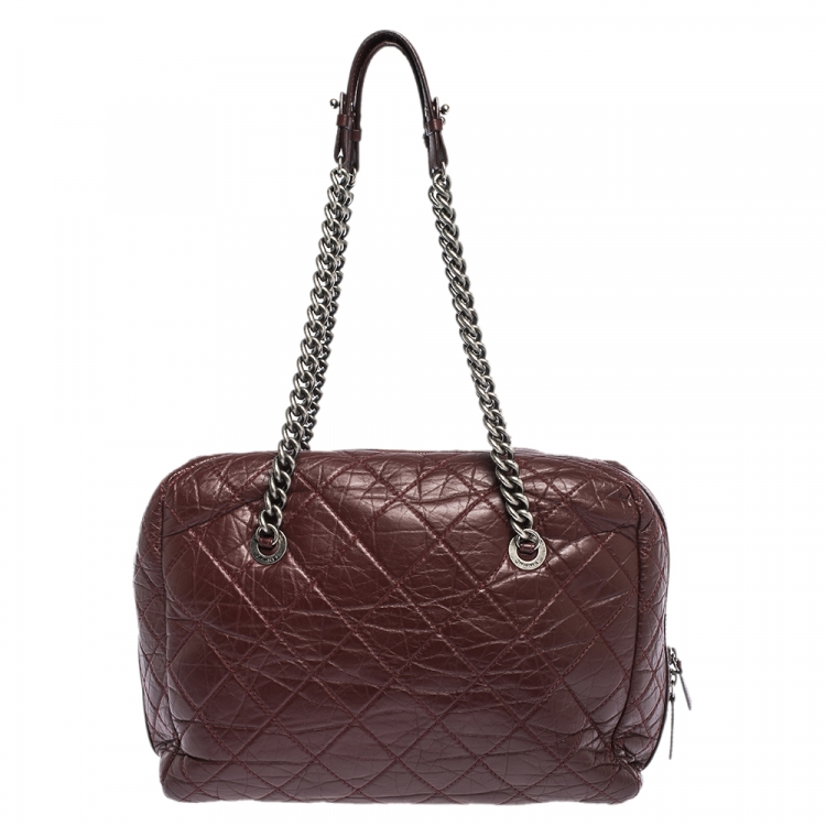 Pre Owned Chanel Burgundy Crinkled Quilted Leather Chain Bowler Bag