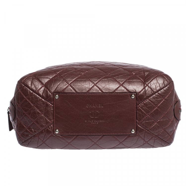 Pre Owned Chanel Burgundy Crinkled Quilted Leather Chain Bowler Bag