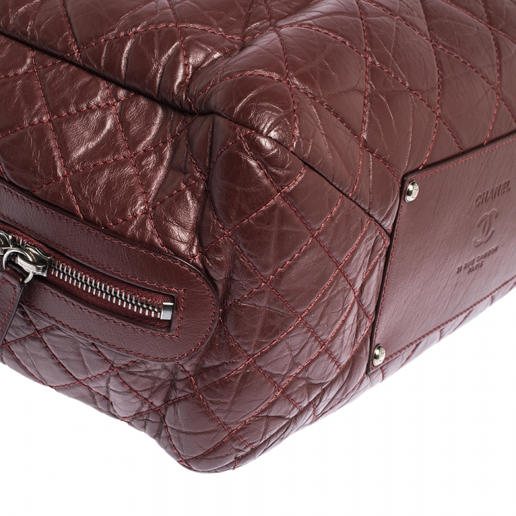Pre Owned Chanel Burgundy Crinkled Quilted Leather Chain Bowler Bag