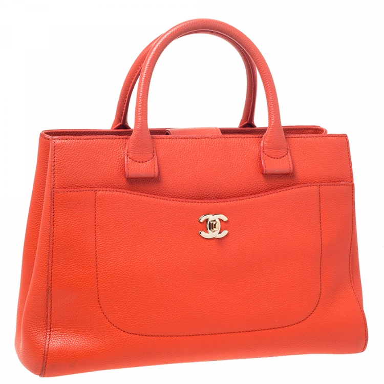 Pre Owned Chanel Orange Leather Small Neo Executive Shopper Tote