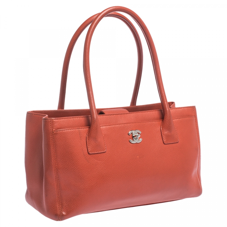 Pre Owned Chanel Orange Leather Small Cerf Executive Tote