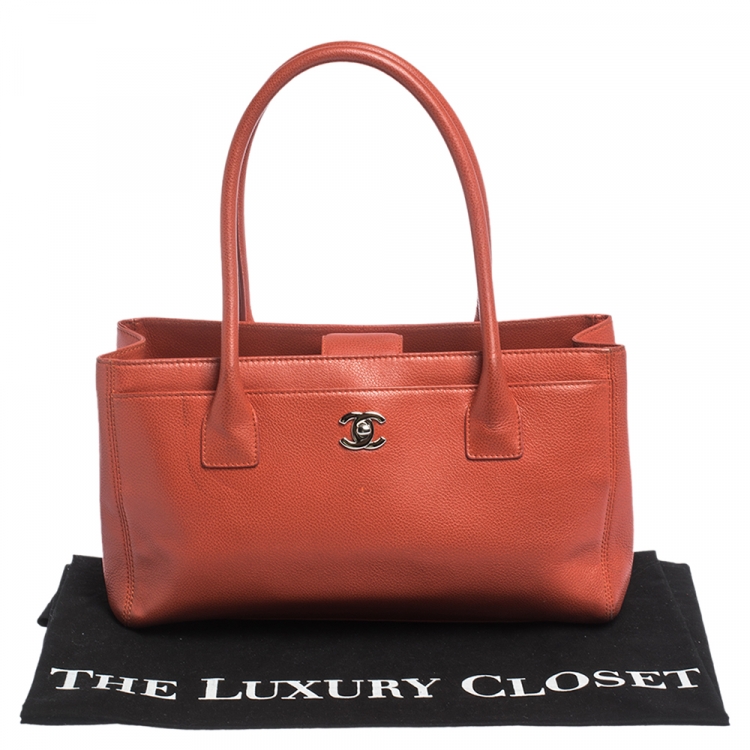 Pre Owned Chanel Orange Leather Small Cerf Executive Tote