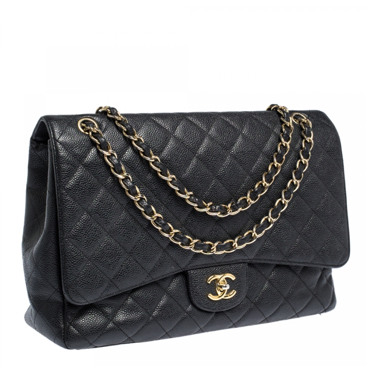 Pre Owned Chanel Black Quilted Caviar Leather Maxi Classic Single Flap Bag