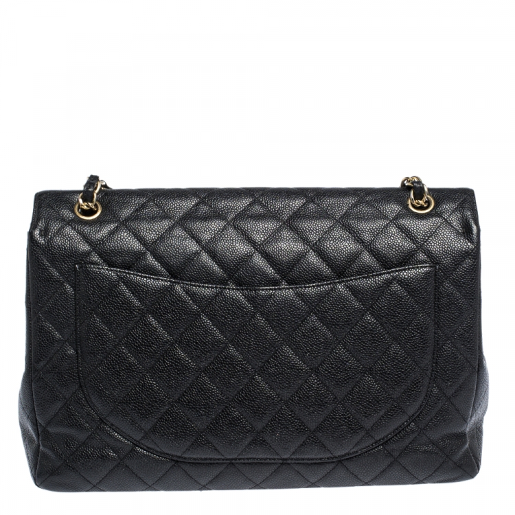 Pre Owned Chanel Black Quilted Caviar Leather Maxi Classic Single Flap Bag