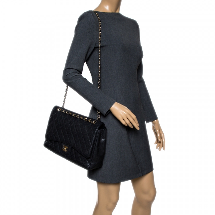 Pre Owned Chanel Black Quilted Caviar Leather Maxi Classic Single Flap Bag