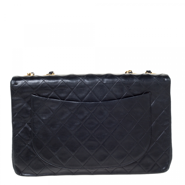 Pre Owned Chanel Black Quilted Lambskin Leather Maxi Vintage Classic Single Flap Bag
