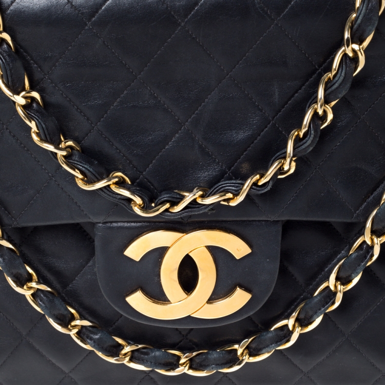 Pre Owned Chanel Black Quilted Lambskin Leather Maxi Vintage Classic Single Flap Bag