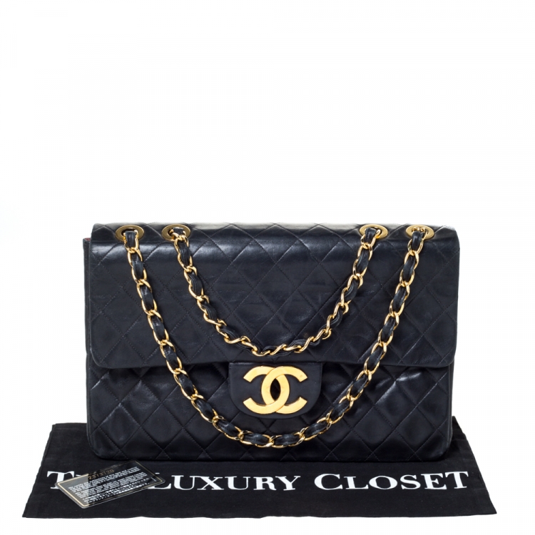Pre Owned Chanel Black Quilted Lambskin Leather Maxi Vintage Classic Single Flap Bag
