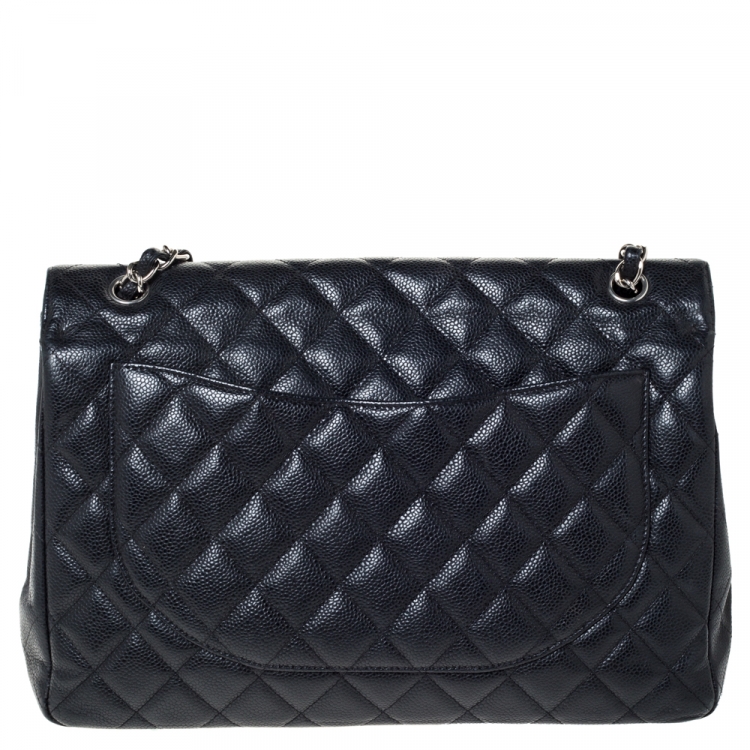 Pre Owned Chanel Black Quilted Caviar Leather Maxi Classic Single Flap Bag