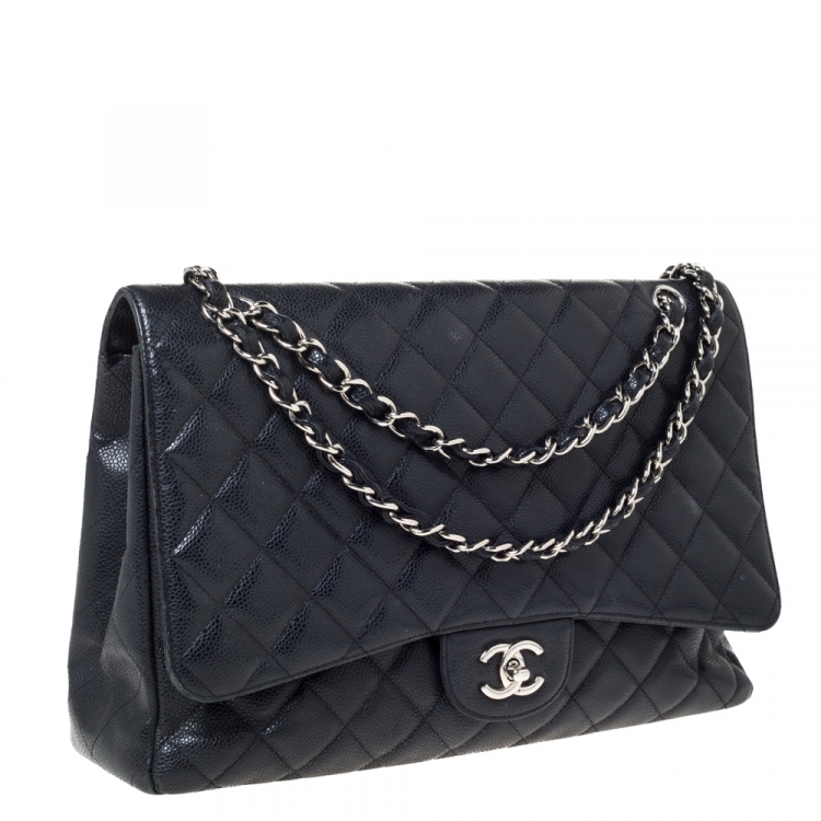 Pre Owned Chanel Black Quilted Caviar Leather Maxi Classic Single Flap Bag