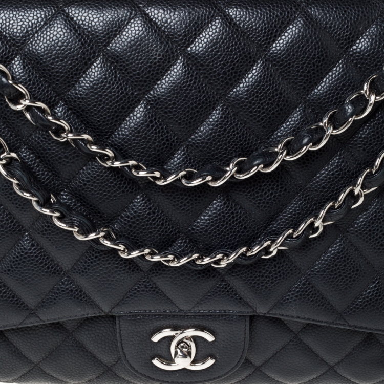 Pre Owned Chanel Black Quilted Caviar Leather Maxi Classic Single Flap Bag