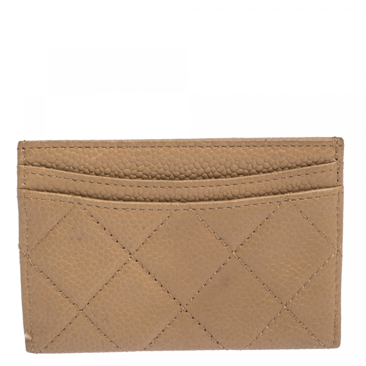 Pre Owned Chanel Beige Quilted Caviar Leather CC Card Case