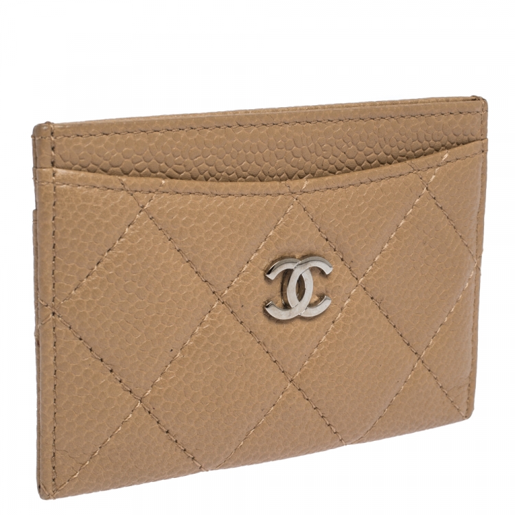 Pre Owned Chanel Beige Quilted Caviar Leather CC Card Case