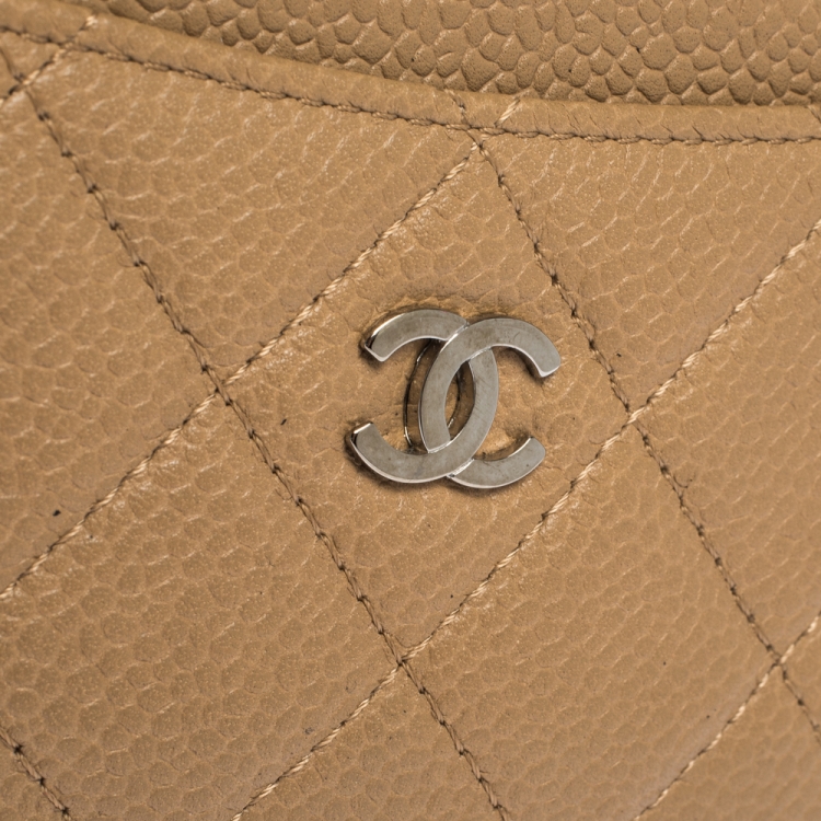 Pre Owned Chanel Beige Quilted Caviar Leather CC Card Case