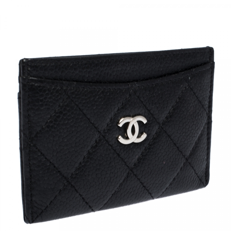 Pre Owned Chanel Black Quilted Caviar Leather CC Card Case