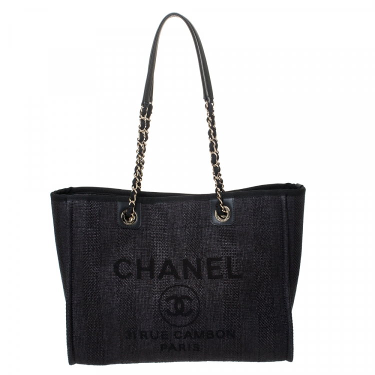 Chanel Navy Blue Glazed Leather Deauville Small Shopping Tote Bag