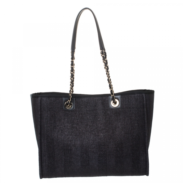 Pre Owned Chanel Black Straw and Leather Small Deauville Shopper Tote