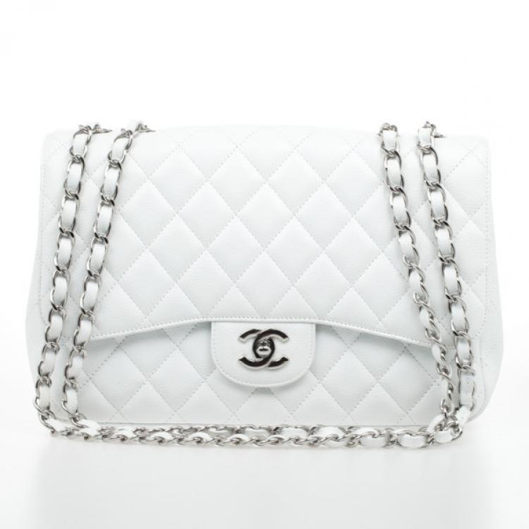 Chanel Like New White Caviar Leather Quilted Classic Double Flap Jumbo Bag