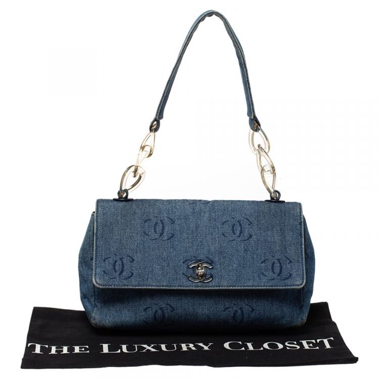 Pre Owned Chanel Blue CC Print Denim Vintage Single Flap Bag